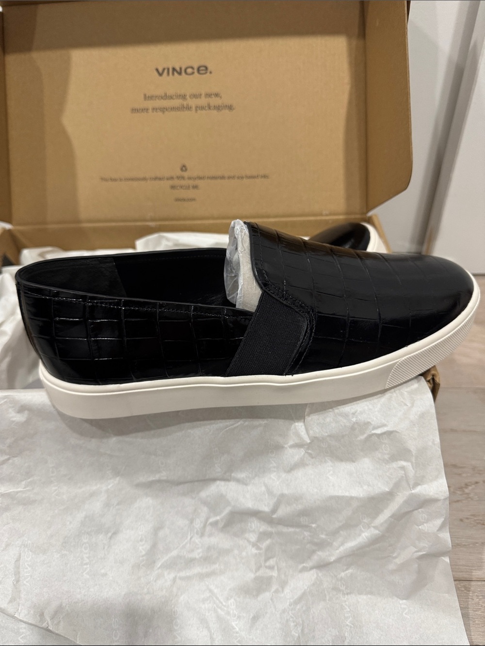 Vince Black Croc-Embossed Slip-On Sneakers with White Sole - Picture 4 of 5